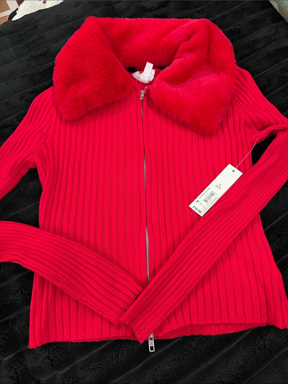 No Boundaries Bright Red Ribbed Zip Cardigan with Faux Fur Collar